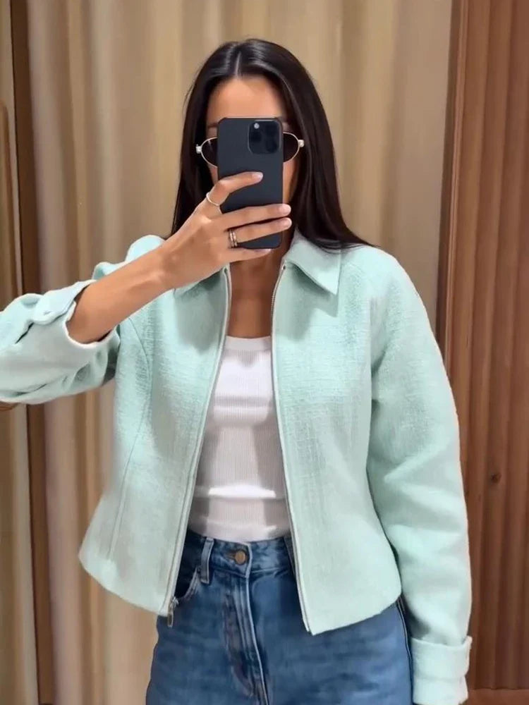 Damen Kurzjacke mit Reißverschluss und Kragen in Mintgrün
