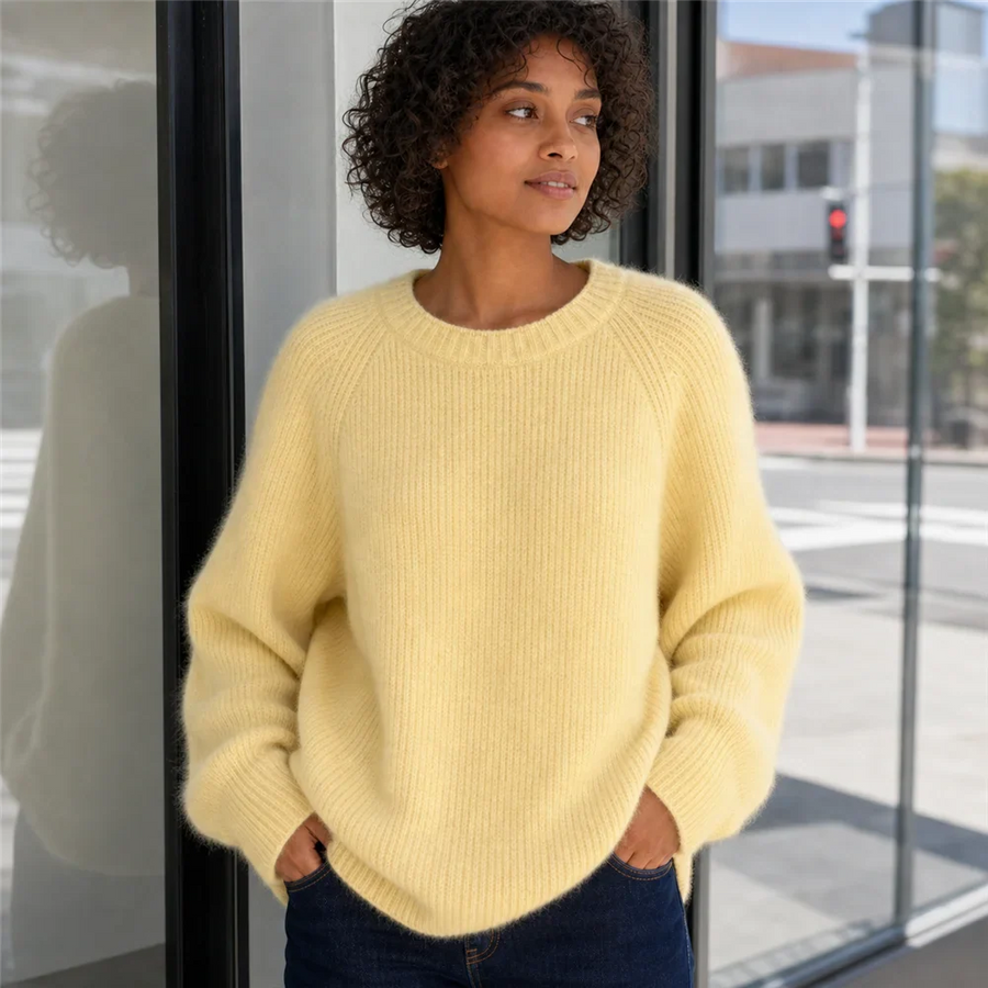 Damestrui met ronde hals, wijde pasvorm, ribgebreide look en lange mouwen