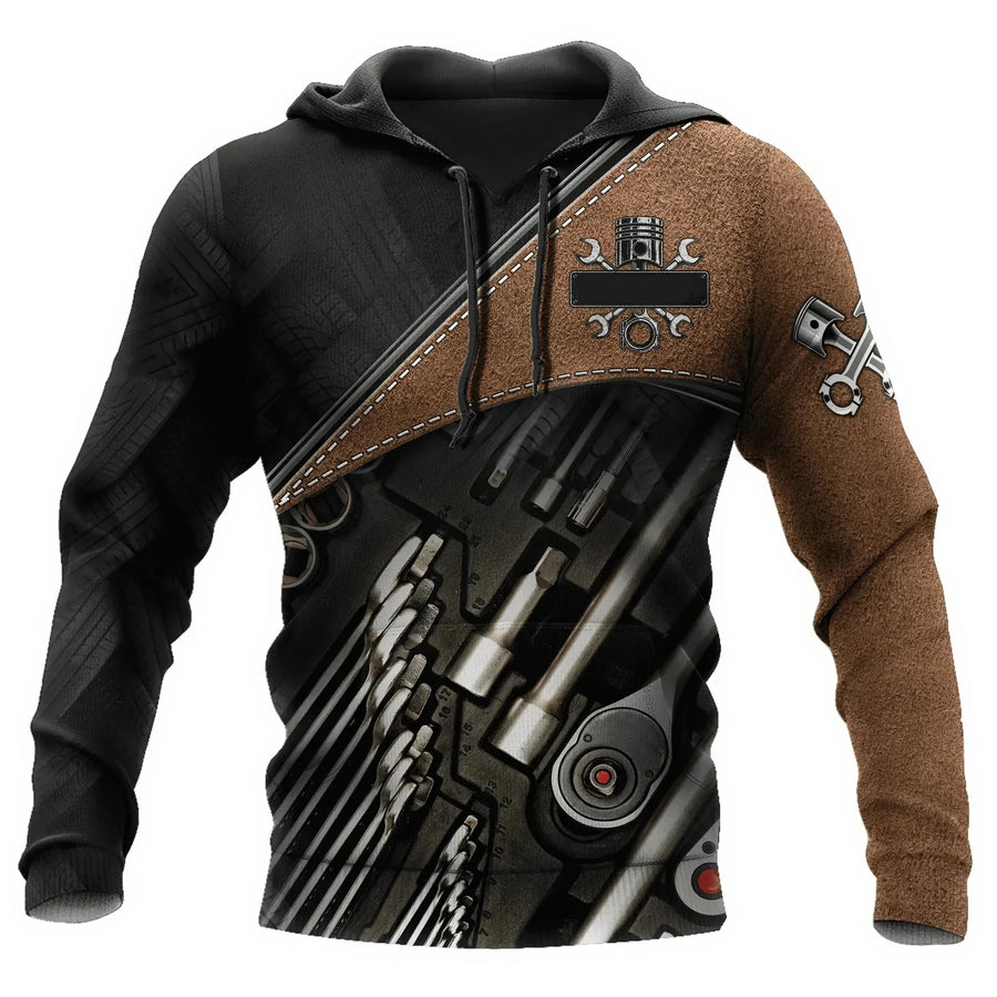 Kapuzenpullover Herren Hoodie Mechaniker-Design Motor Kolben Werkzeug Schwarz Grau