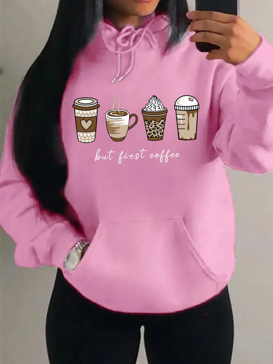 Dameshoodie met "But First Coffee"-opdruk en kangoeroezak