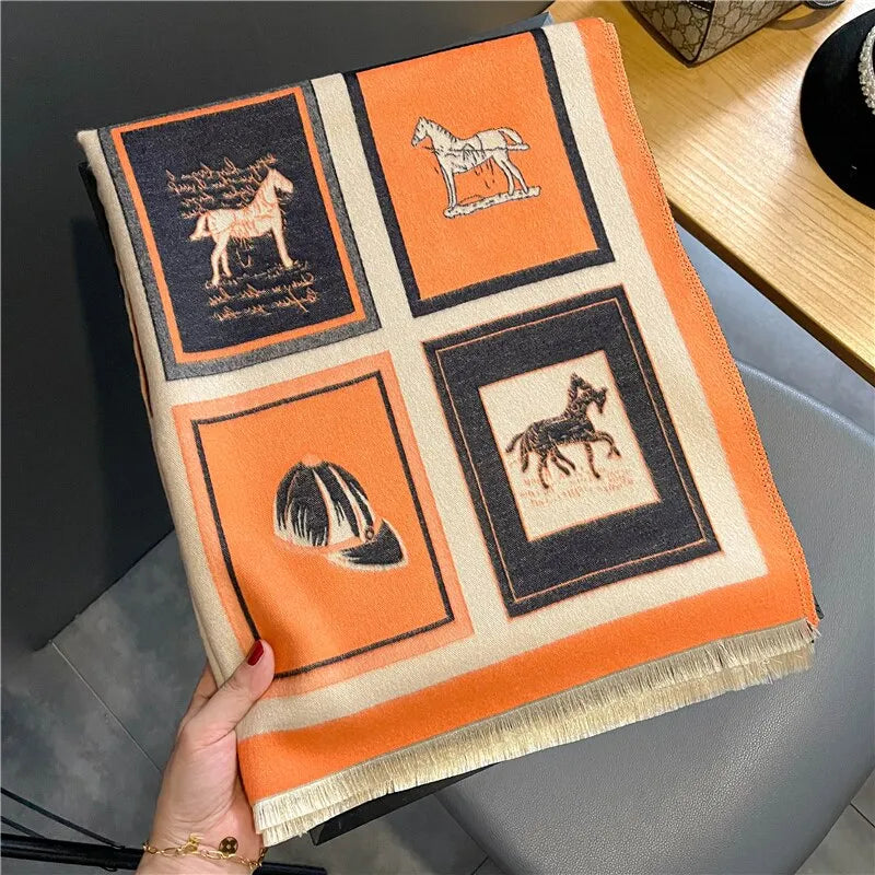 Sjaal met paarden- en dessinprint, franjes aan de uiteinden