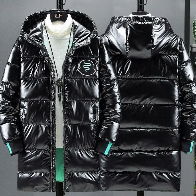 Herren Glänzender Steppmantel mit Kapuze und Reißverschluss Lange Winterjacke