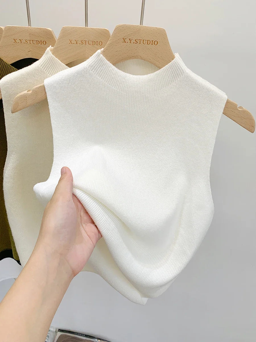 Geripptes Stricktop Ärmelloser Mock-Neck Pullunder Damen
