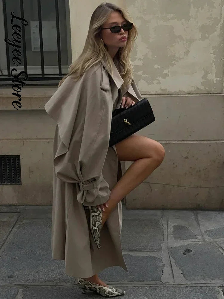 Damen Trenchcoat Oversize mit Bindegürtel Beige