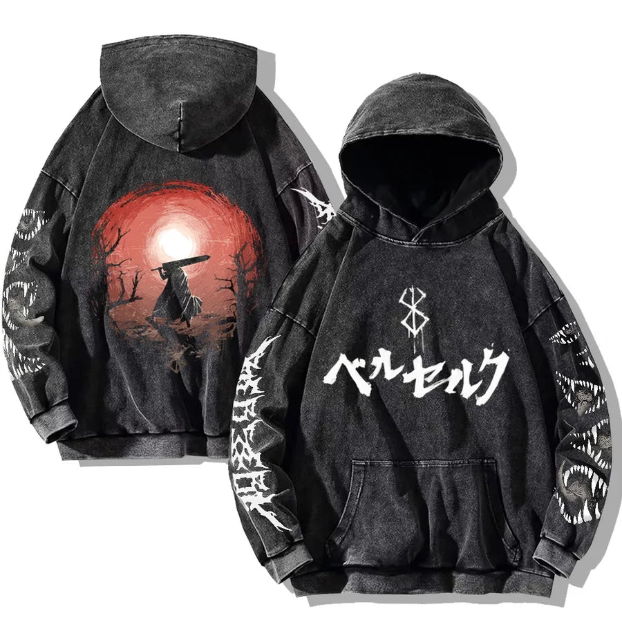 Vintage hoodie met capuchon en kangoeroezak – Berserk-print