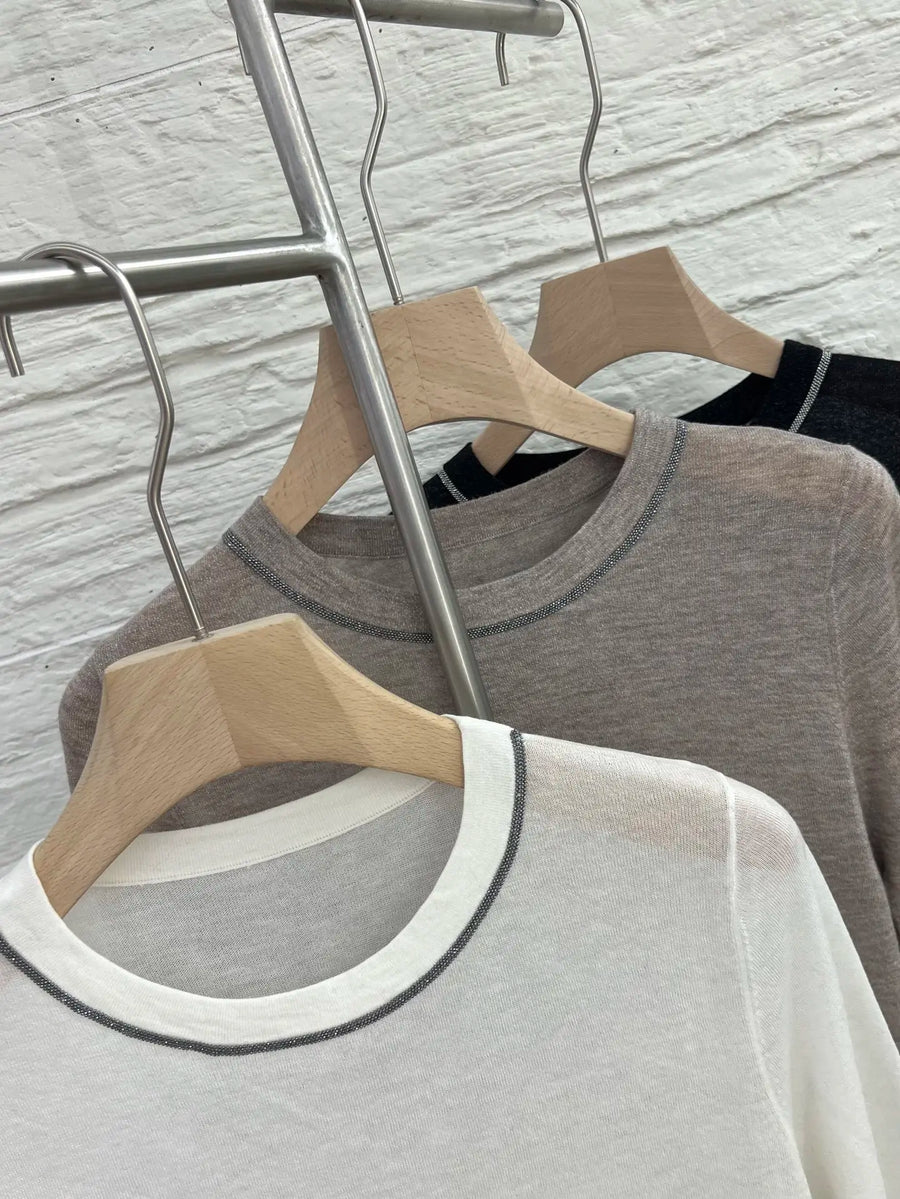 Dames shirt met lange mouwen en ronde hals, grijs, zwart en wit, met contrasterende naden