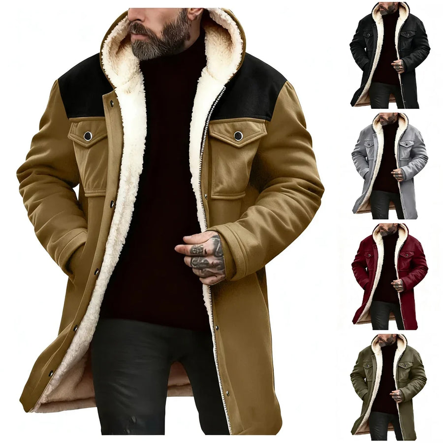 Herren Winterparka mit Kapuze und Teddyfutter, lange Übergangsjacke mit Knopfleiste
