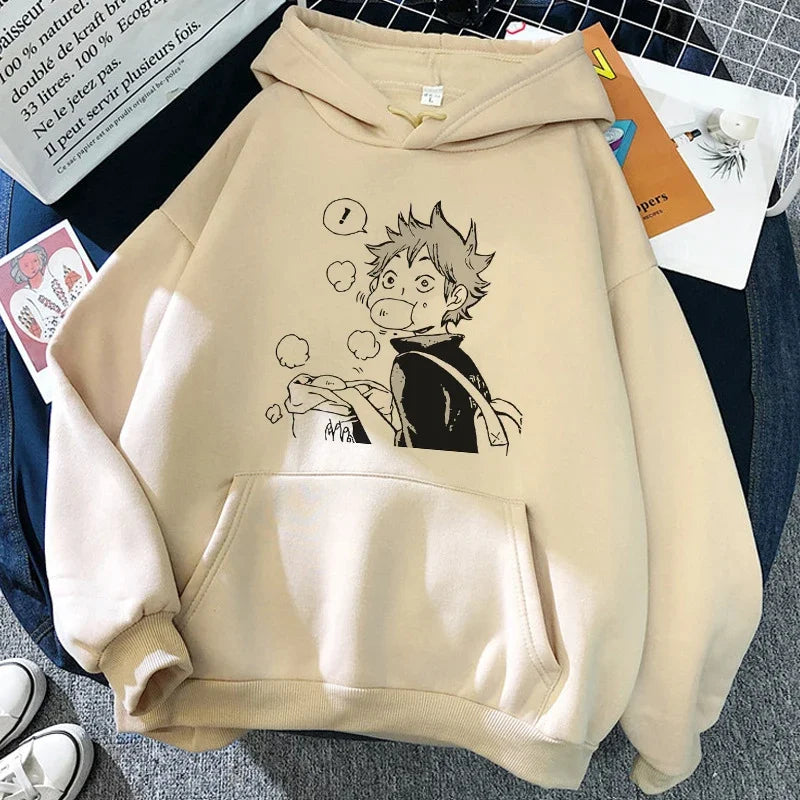 Hoodie met capuchon en anime-motief van de Karasuno Volleyball Club, beige