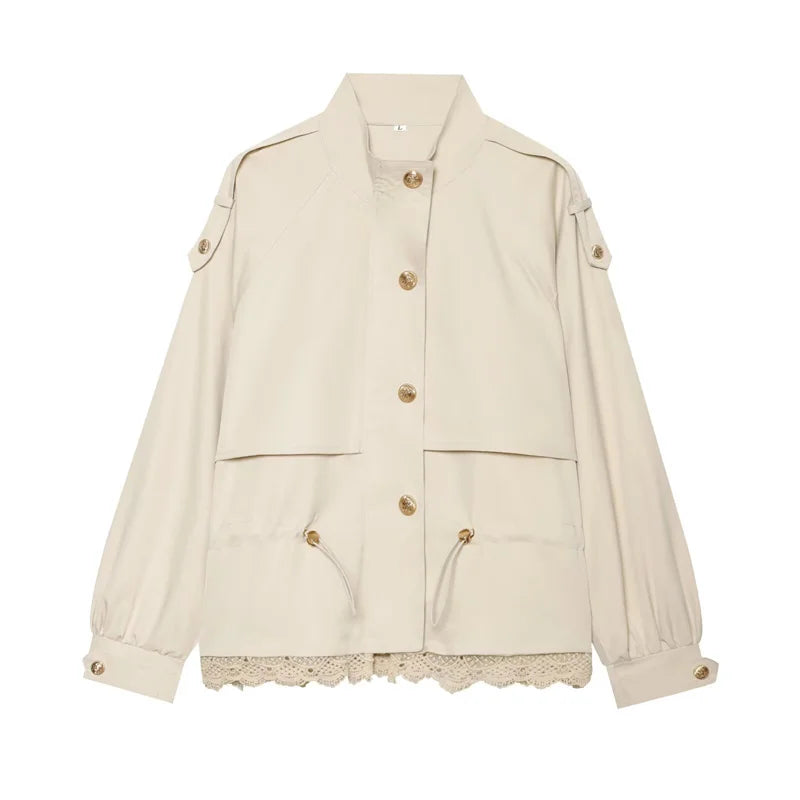 Damen Jacke Stehkragen Spitze Saum Kurz Bolero Optik