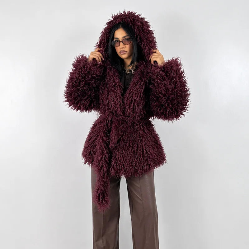 Damen Shaggy Jacke mit Kapuze und Bindegürtel, Lockiges Plüschmaterial