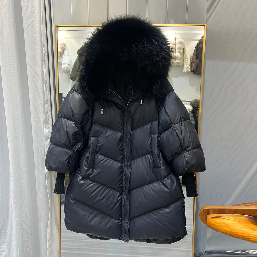 Damen Pufferjacke mit großer Kapuze und Pelzbesatz, Langarm, Khaki