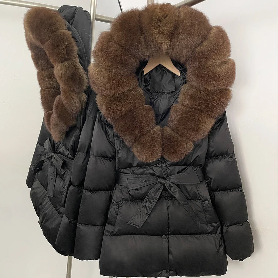 Damen Daunenjacke mit Kunstpelzkragen und Bindegürtel, warme Winterjacke