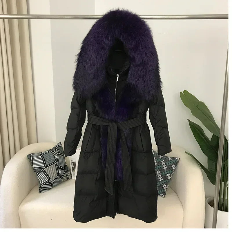Damen Winter Steppmantel Lang mit Kapuze und Kunstpelzbesatz Gürtel