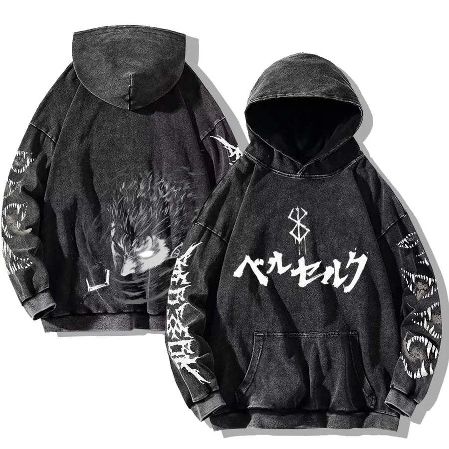 Vintage hoodie met capuchon en kangoeroezak – Berserk-print