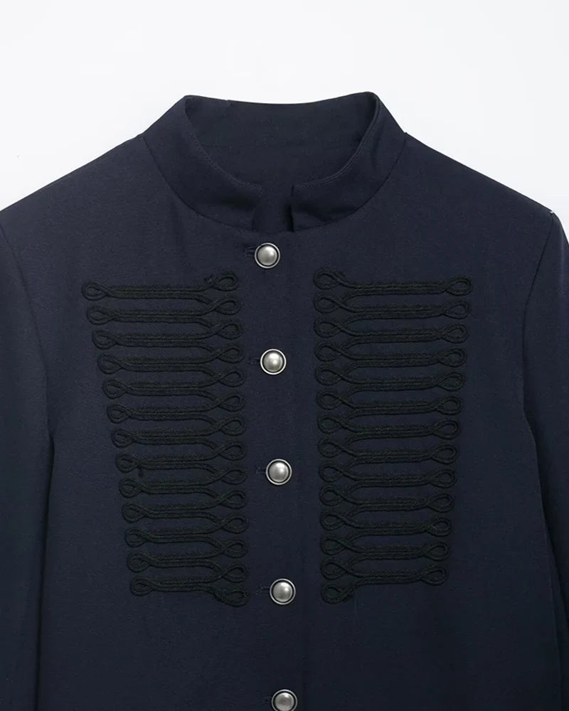 Kurze Militärjacke Damen Dunkelblau mit Stehkragen und Zierknöpfen
