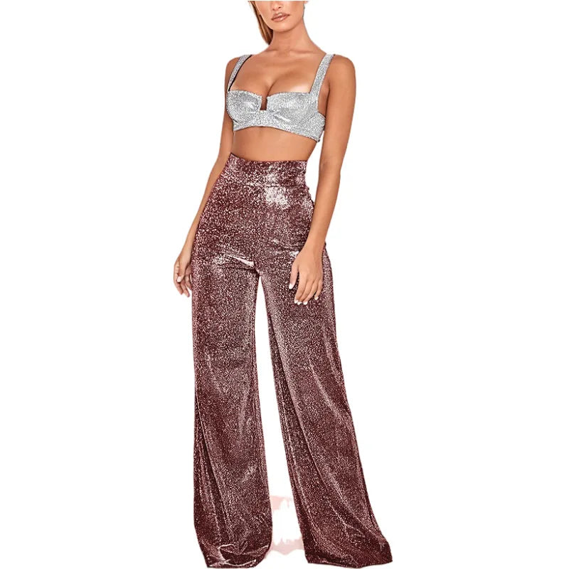 Damen Glitzer Crop Top & Weite Hose Set, Langarm, Hohe Taille