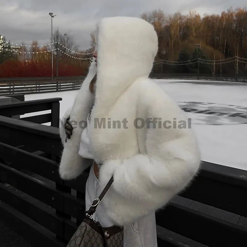 Damen Winterjacke Kunstfell mit Kapuze, kurz, Weiß