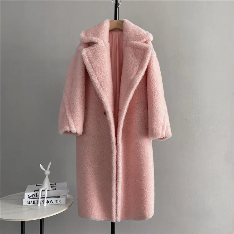 Damen Langer Teddyfell Mantel mit Reverskragen und Taschen