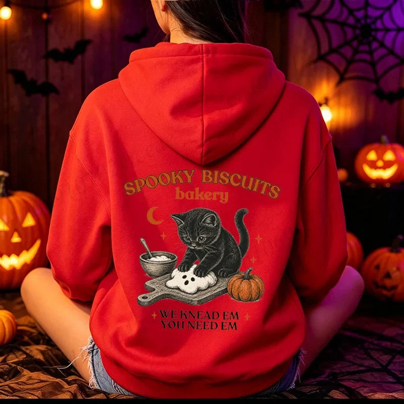 Hoodie met kattenmotief op de achterkant, "Spooky Biscuits Bakery"-print, sweatshirt met capuchon