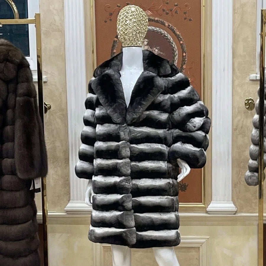 Luxe damesmantel met lange mouwen van imitatiebont, zachte kraag, beige-grijs gestreept