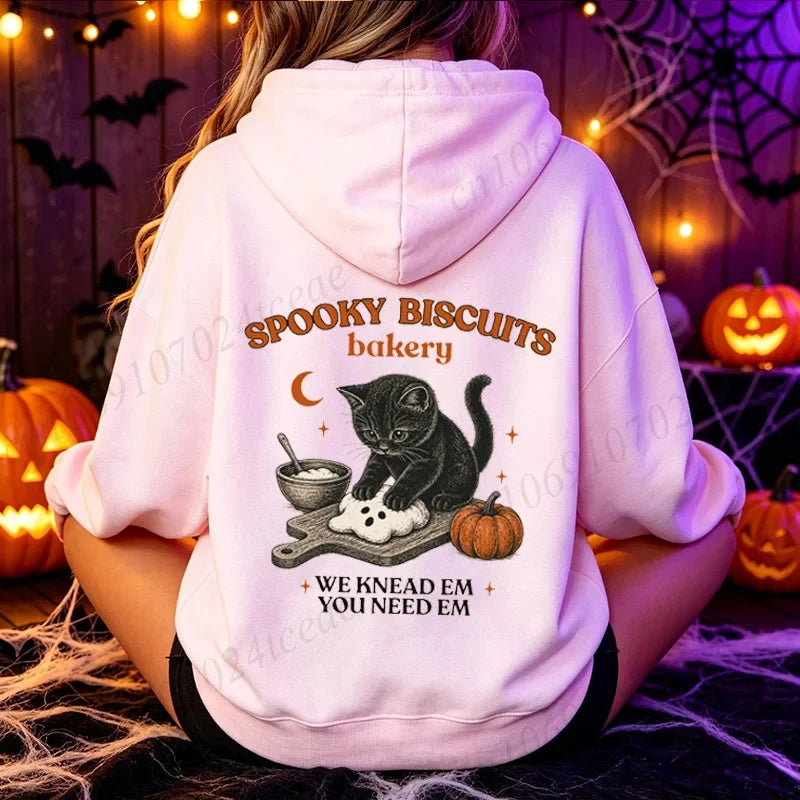 Hoodie met kattenmotief op de achterkant, "Spooky Biscuits Bakery"-print, sweatshirt met capuchon