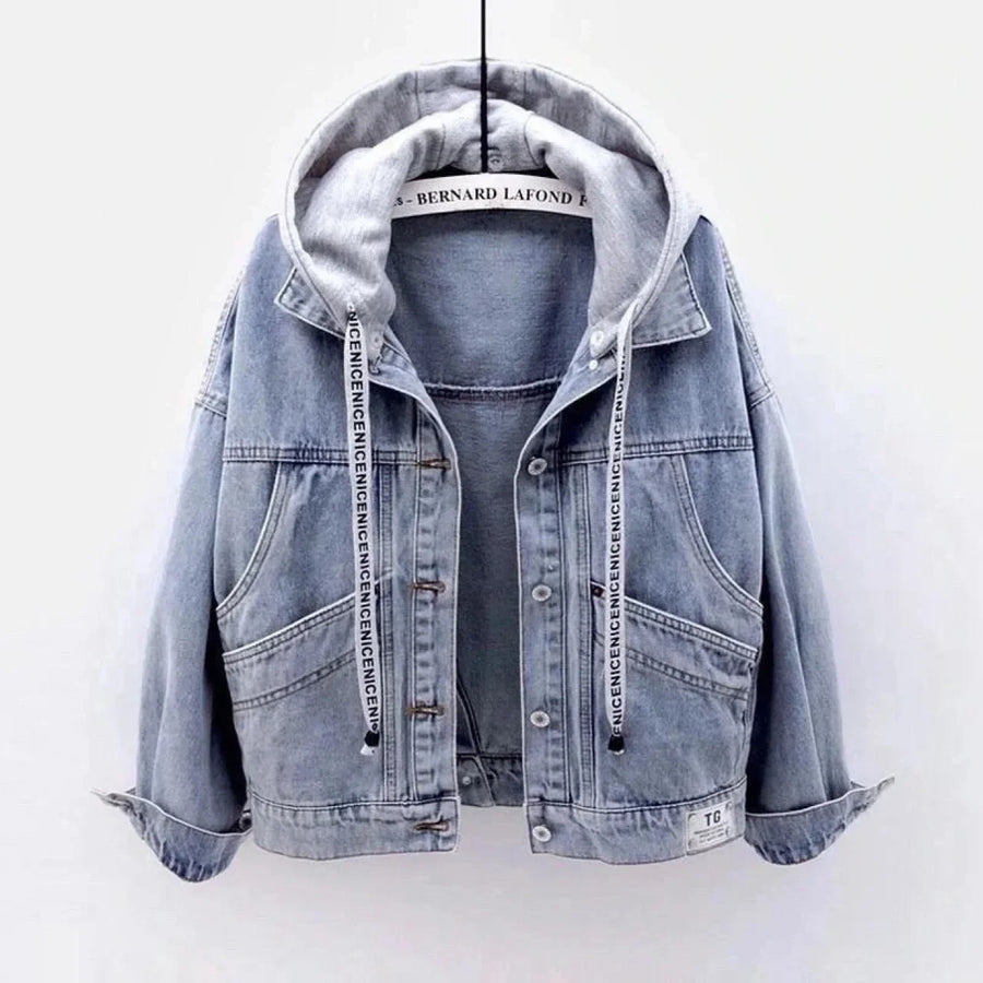 Jeansjacke Damen Hellblau mit Kapuze Kurz