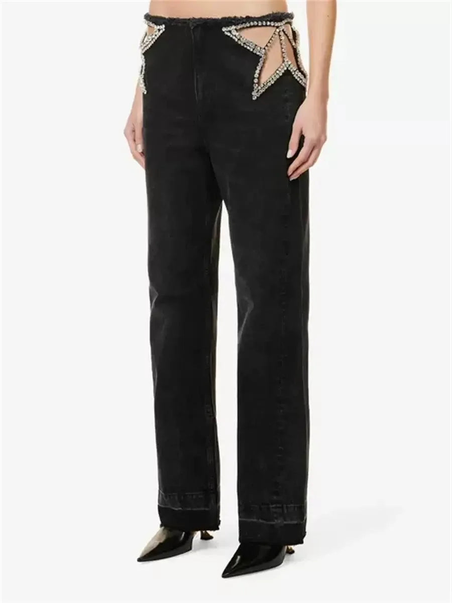 Damesjeans met wijde pijpen, hoge taille, cut-outs, stras