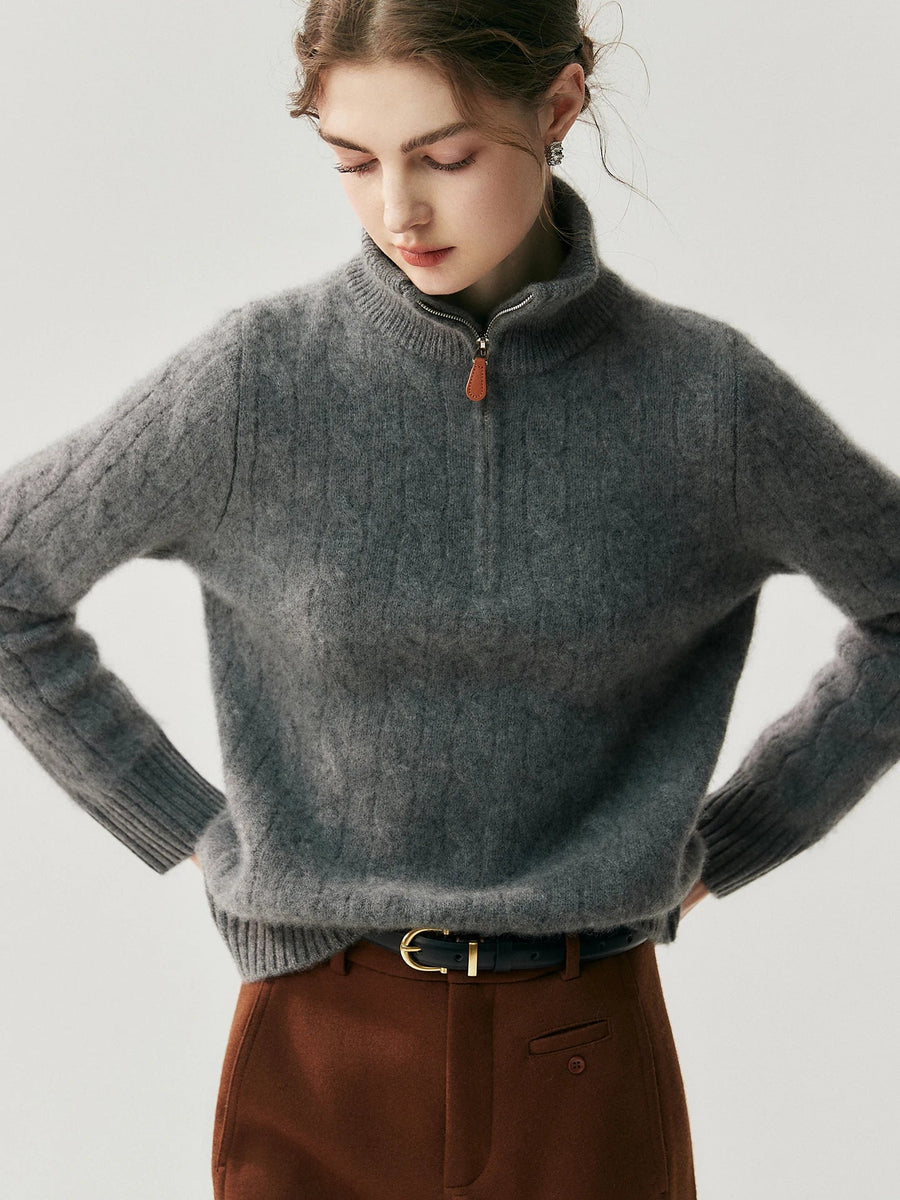 Damen Strickpullover Zopfmuster Halb-Reißverschluss Rollkragen