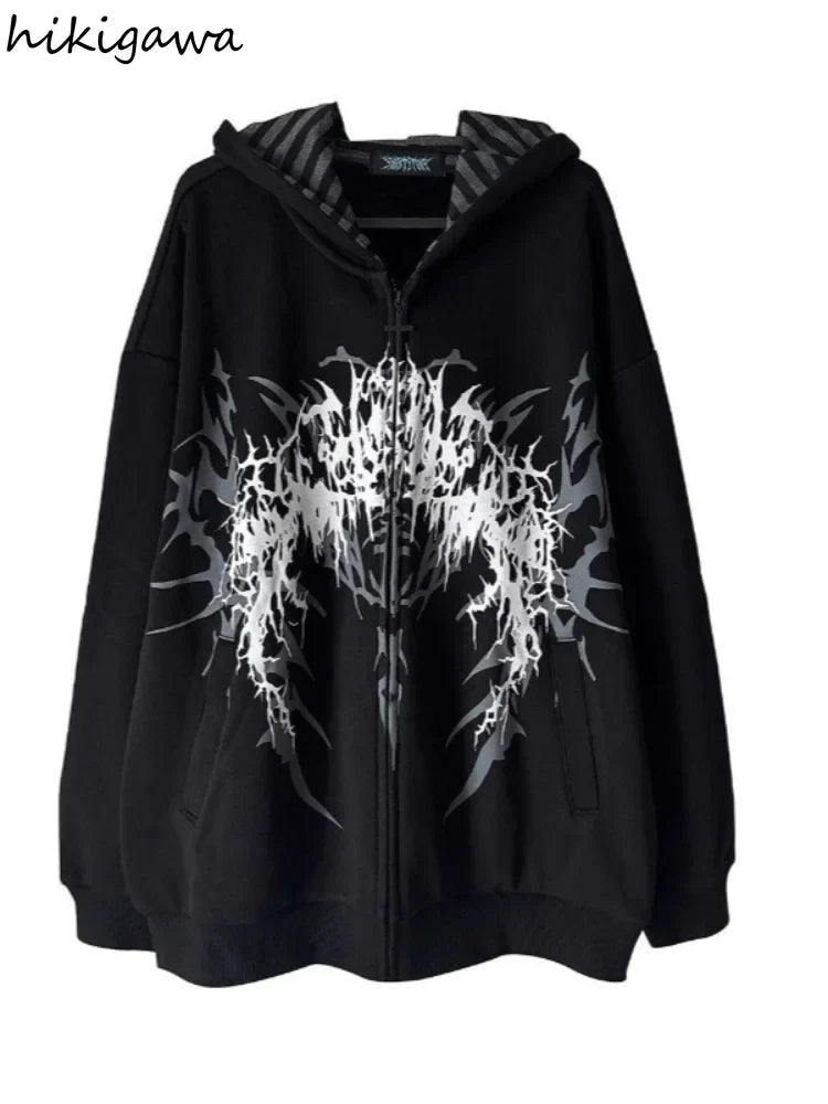 Oversized unisexhoodie met rits en capuchon, met gothic-print