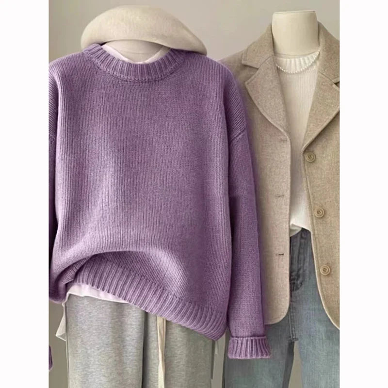 Unisex Rundhals Pullover Grobstrick Oversize Locker Casual Langarm