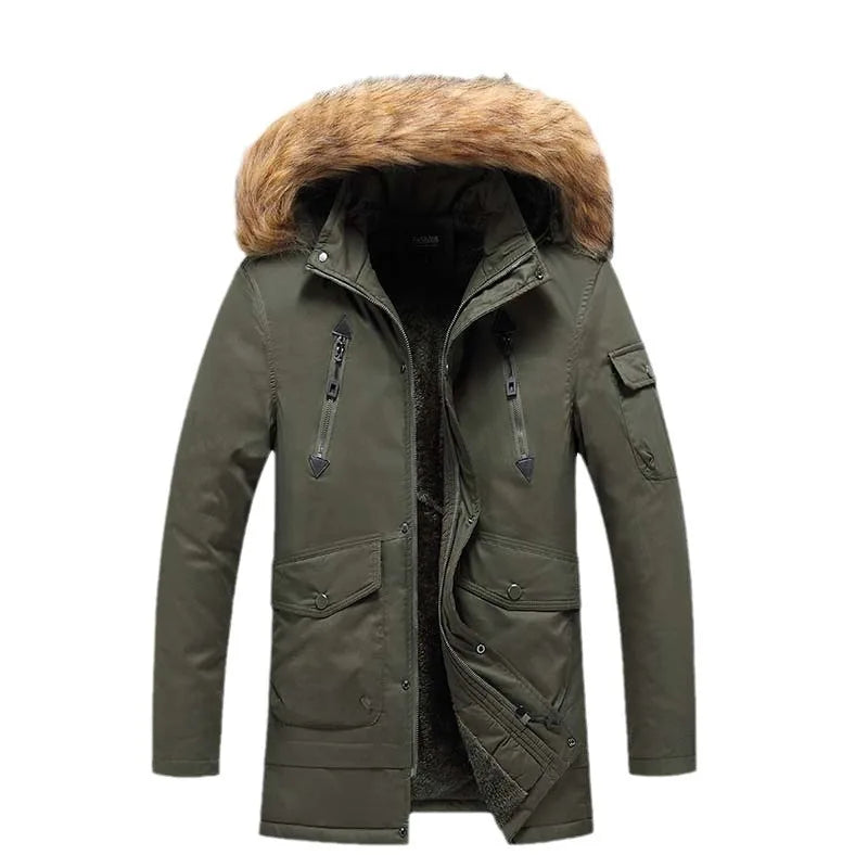Herren Winterparka mit Kapuze und Fellimitatbesatz, warm gefüttert, langarm, Reißverschluss