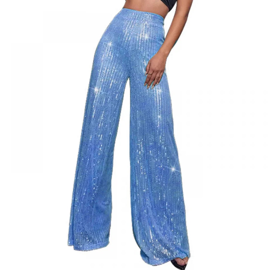 Damen Pailletten Schlaghose Hoher Bund Weites Bein Glitzernde Partyhose