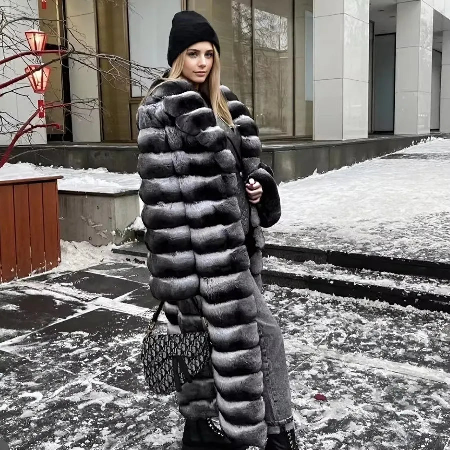 Damen Faux-Pelzmantel lang gestreift Grau Schwarz Weiß Winter Warm