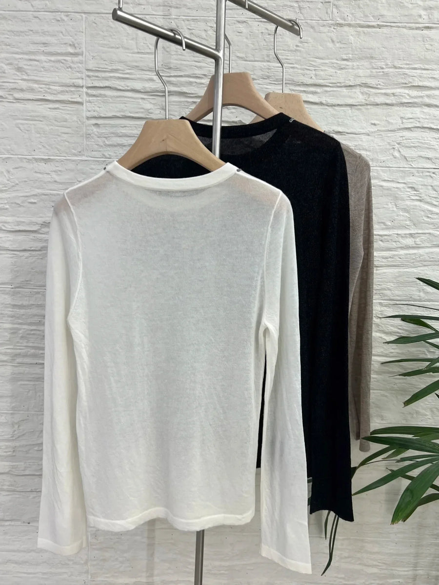 Dames shirt met lange mouwen en ronde hals, grijs, zwart en wit, met contrasterende naden