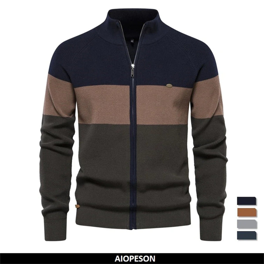 Herenvest met rits, opstaande kraag en kleurvlakken, marineblauw en bruin