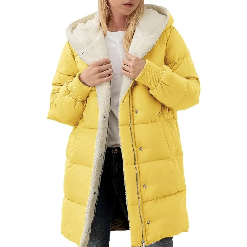 Damen Langer Steppmantel mit Kapuze und Teddyfutter, Winter Warme Jacke