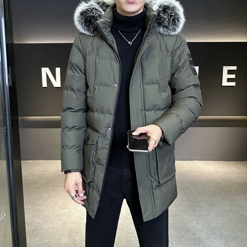 Herren Winterparka mit Kapuze und Fellimitatbesatz, gepolsterte Jacke für kalte Tage