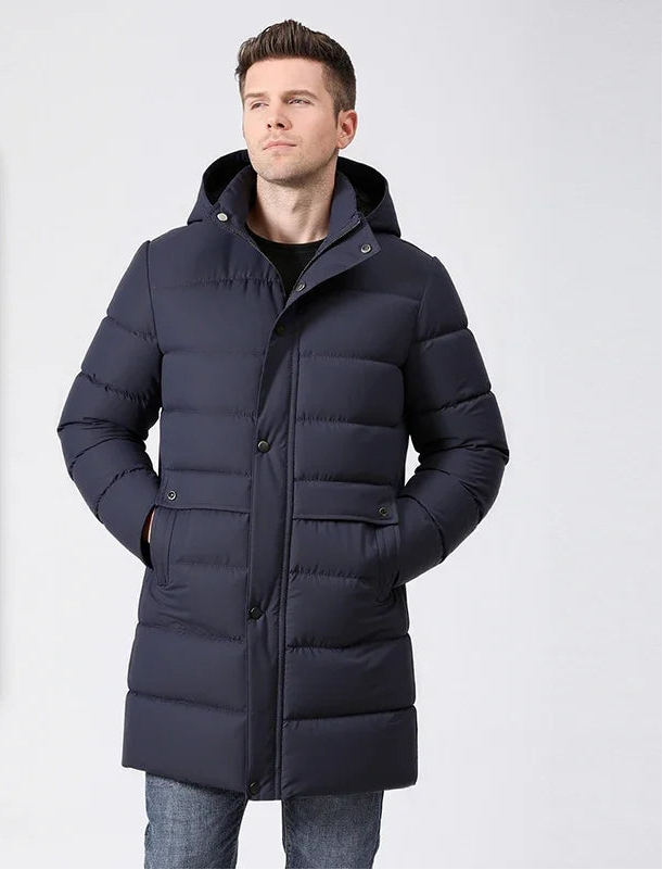 Herren Langer Winter Steppmantel mit Kapuze und Knöpfen – Warm & Winddicht