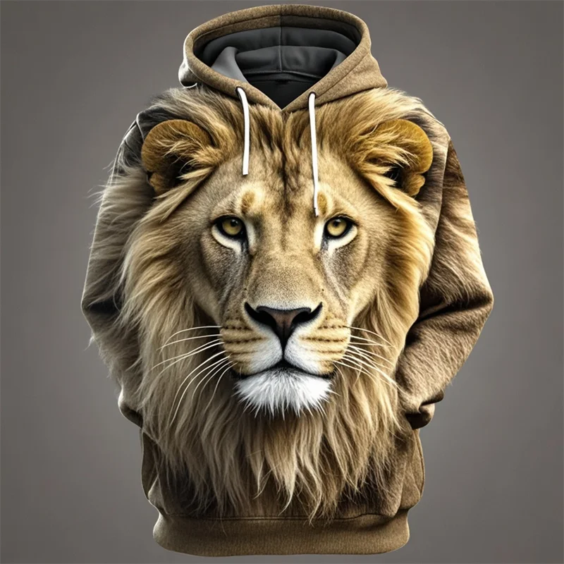 Hoodie met leeuwenkopprint, capuchon en kangoeroezak