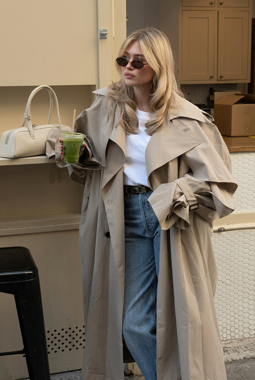 Dames oversized trenchcoat met strikceintuur, beige