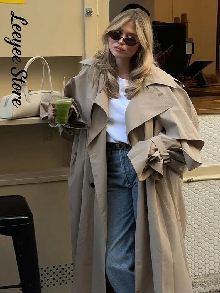 Damen Trenchcoat Oversize mit Bindegürtel Beige