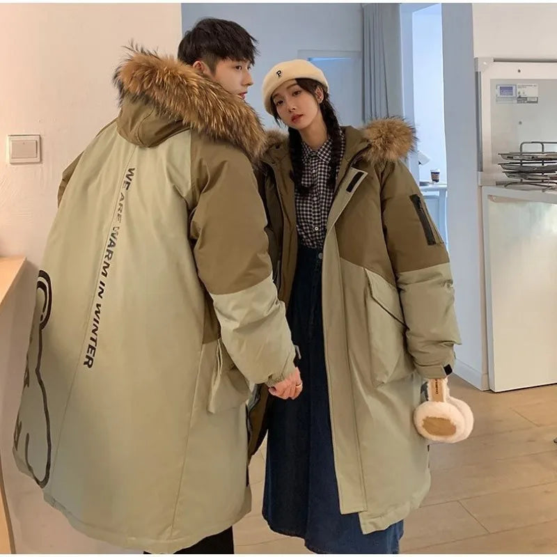 Unisex Winterparka mit Kapuze und Fellimitat-Besatz - Khaki/Beige oder Schwarz/Grau