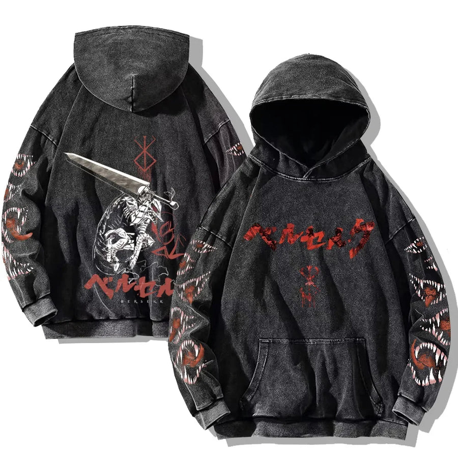 Vintage hoodie met capuchon en kangoeroezak – Berserk-print