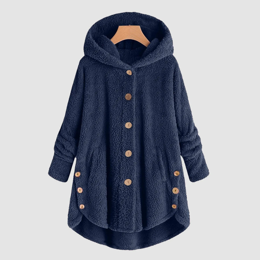 Damen Teddy-Fleece Jacke mit Kapuze und Knöpfen
