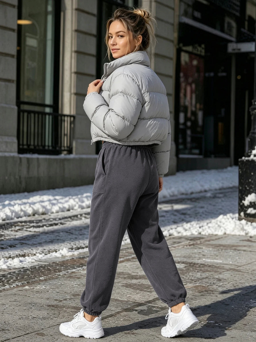 Donkergrijze fleece joggingbroek voor dames, hoge taille en trekkoord