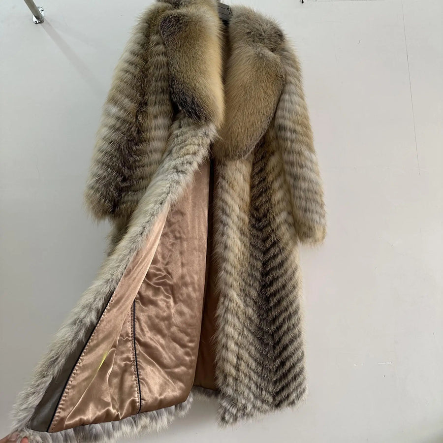 Damen Langer Mantel mit Pelz-Optik im Chevron-Muster