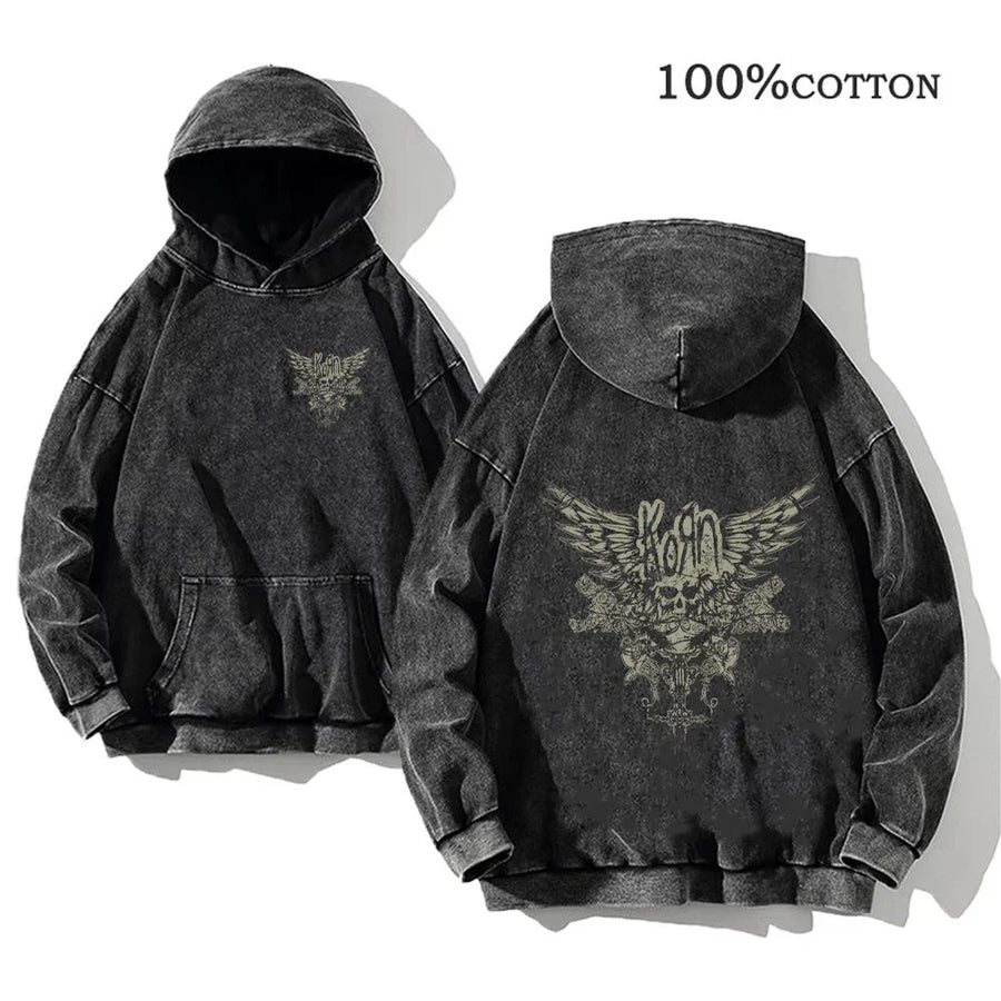 Korn Band Hoodie Unisex Washed Schwarz Kapuzenpullover Oversize