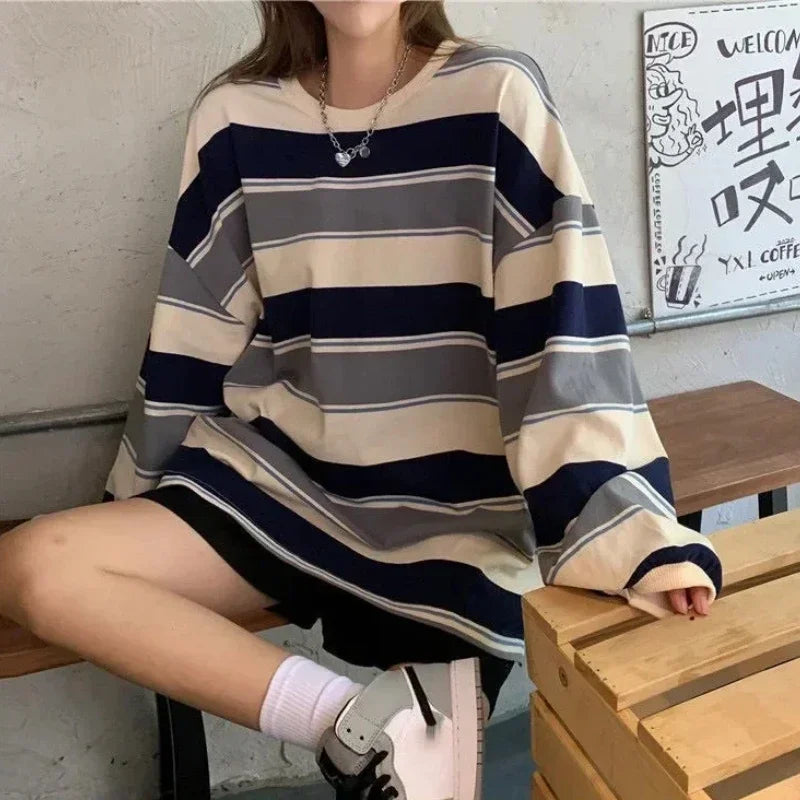 Gestreept damesshirt met lange mouwen, oversized, ronde hals, casual top