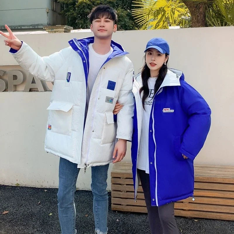 Unisex Winterjacke gepolstert mit Kapuze Schwarz Blau Wendbar
