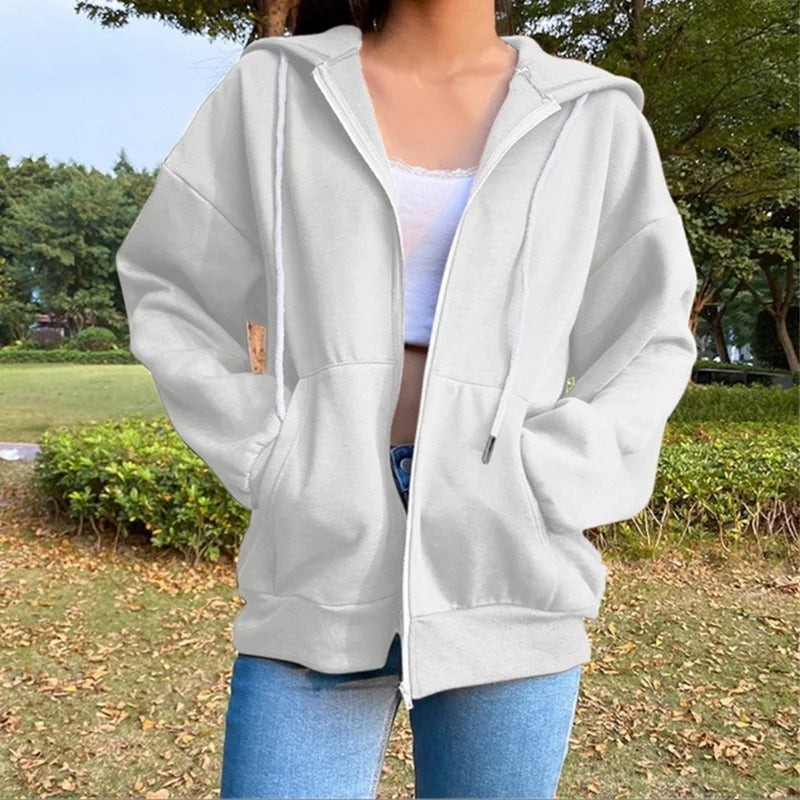 Damen Hoodie Jacke mit Reißverschluss Kapuze und Kängurutaschen, Oversize Schnitt